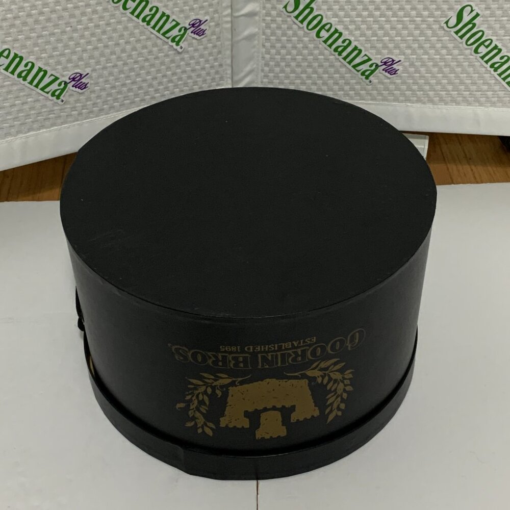 Vintage Goorin Bros Cardboard Hat Box Strap Storage Container Black Gold Logo - Picture 8 of 14